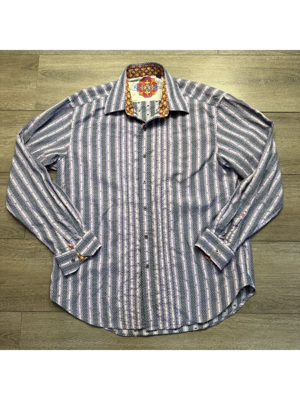 Robert Graham Shirt Mens XL Purple Green Long Sleeve Striped Flip Cuffs